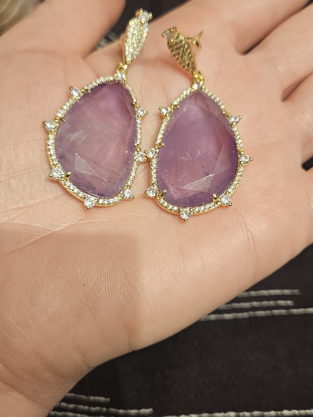 Gold-Plated Amethyst Teardrop Drop Earrings - Purple